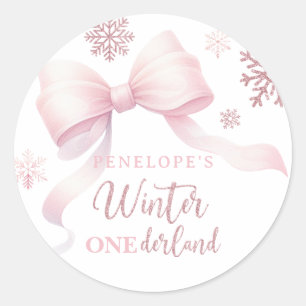 Pegatina Redonda Invierno Onederland niña con lazo rosa cumpleaños