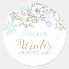 Pegatina Redonda Invierno Onederland primer cumpleaños Snowflake