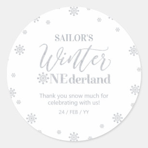Pegatina Redonda Invierno plateado onederland, Gracias nieve mucho
