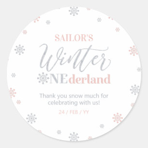 Pegatina Redonda Invierno plateado rosa onederland Gracias nieve mu