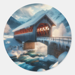 Pegatina Redonda Invierno, puente cubierto de nieve y río