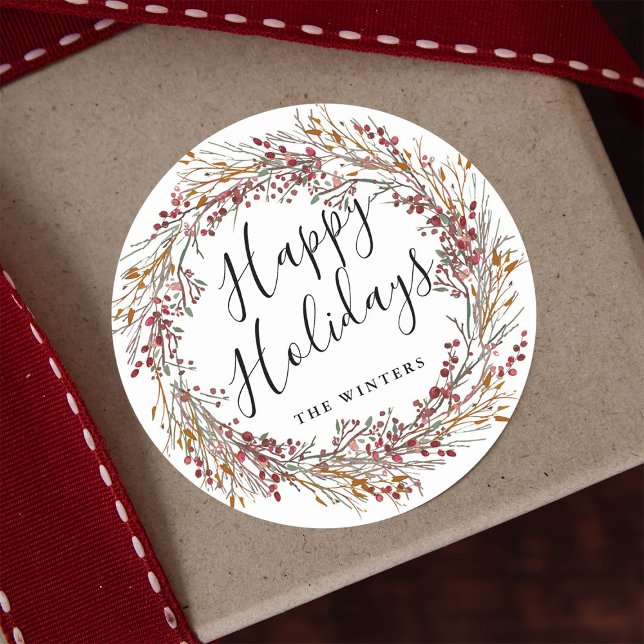 Pegatina Redonda Invierno Red Berry Wreath Felices Fiestas (Subido por el creador)