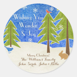 Pegatina Redonda Invierno Rústico Maravilla y Feliz Navidad