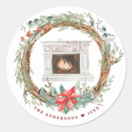 Pegatina Redonda Invierno Wreath acogedor chimenea Feliz Navidad
