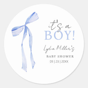 Pegatina Redonda Invitación a Baby Shower de Blue Bow, Boy Baby Sho
