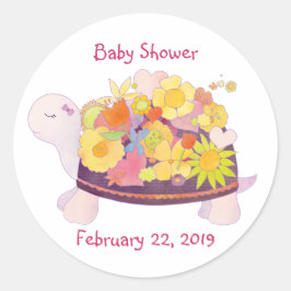 Pegatina Redonda Invitación a Baby Shower de tortuga de flores