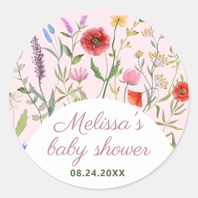 Pegatina Redonda Invitación a Baby Shower de un pequeño Chica de fl (Anverso)