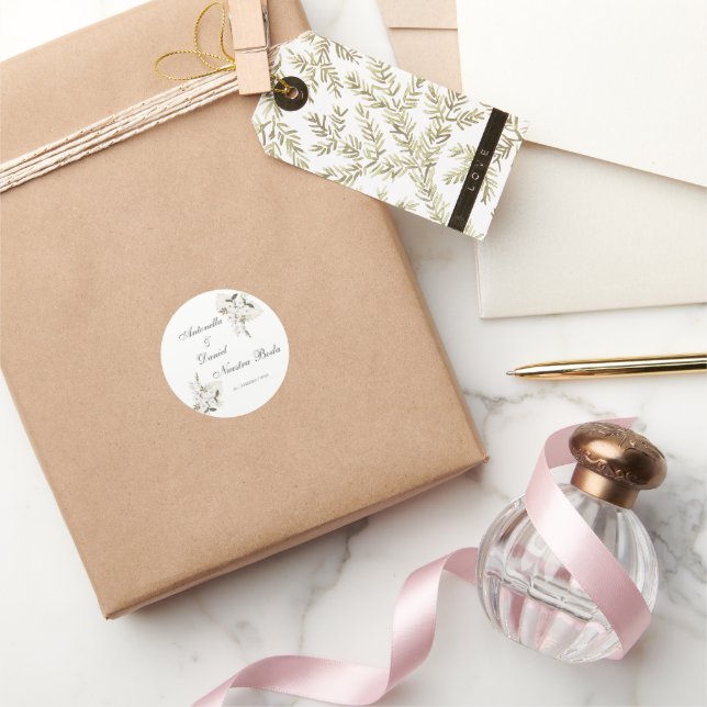 Pegatina Redonda Invitación a bodas en floral verde sabio en españo (Regalar)