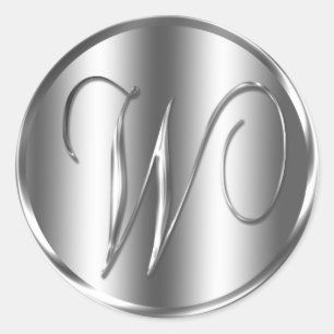 Pegatina Redonda Invitación a la boda de color plateado Monograma W