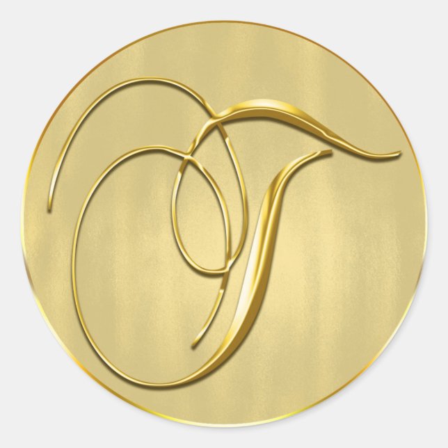 Pegatina Redonda Invitación a la boda de un monograma T de oro (Anverso)
