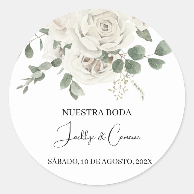 Pegatina Redonda Invitación a la Boda Española Floral Blanca (Anverso)