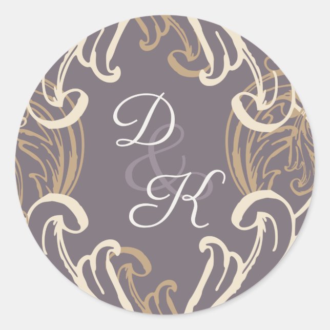 Pegatina Redonda Invitación a la cosecha de oro morado monograma (Anverso)