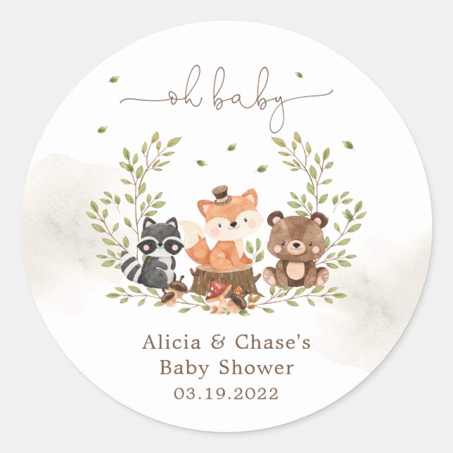 Pegatina Redonda Invitación a la ducha de animales de Woodland (Anverso)