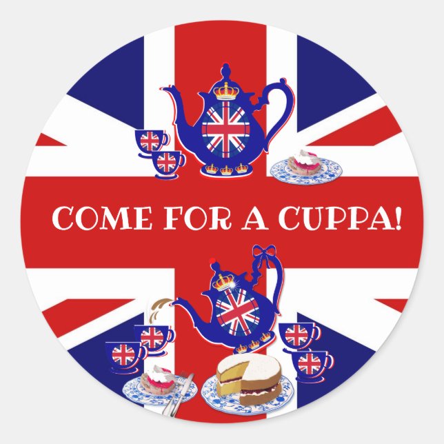 Pegatina Redonda Invitación a la hora del té británico (Anverso)