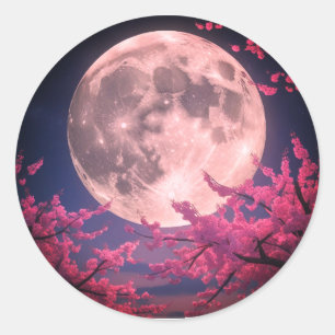 Pegatina Redonda Invitación a la luna llena y a los cerezos en flor
