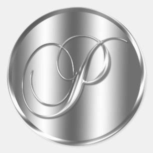 Pegatina Redonda Invitación a matrimonio en color Monograma P Plata