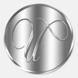 Pegatina Redonda Invitación a matrimonio en color Monograma U Plata