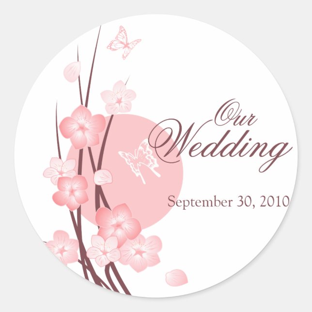 Pegatina Redonda Invitación Boda de mariposa de flores rosas (Anverso)