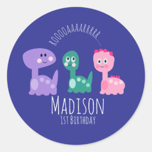 Pegatina Redonda Invitación Colorida de Cumpleaños de Dinosaurio Ad