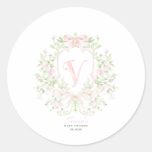 Pegatina Redonda Invitación de baby shower con escudo elegante