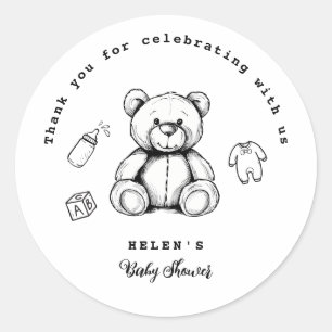 Pegatina Redonda Invitación de Baby Shower de Osito de Peluche, Neu