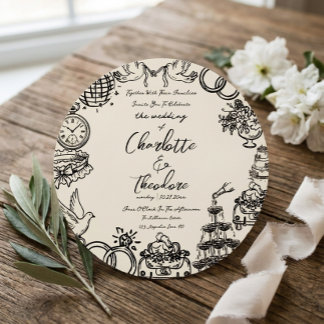 Pegatina Redonda Invitación de Boda Caprichosa a Mano | Creativa