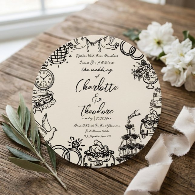 Pegatina Redonda Invitación de Boda Caprichosa a Mano | Creativa (Subido por el creador)