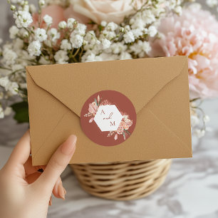 Pegatina Redonda Invitación de Boda Floral Bohemio de Terracota y M