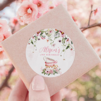 Pegatina Redonda Invitación de cumpleaños 2 Tea Party