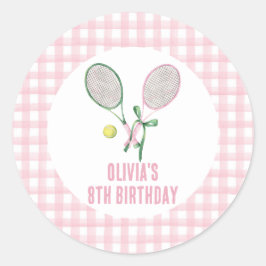 Pegatina Redonda Invitación de cumpleaños a cuadros preppy de tenis