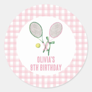 Pegatina Redonda Invitación de cumpleaños a cuadros preppy de tenis