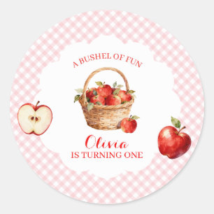Pegatina Redonda Invitación de cumpleaños Apple Bushel of Fun 1st