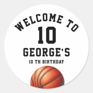 Pegatina Redonda Invitación de Cumpleaños de Baloncesto para Niño