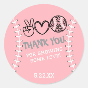 Pegatina Redonda Invitación de cumpleaños de Peace Love Softball