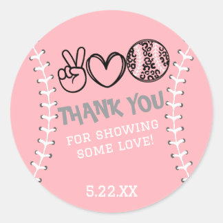 Pegatina Redonda Invitación de cumpleaños de Peace Love Softball