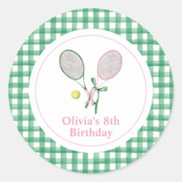 Pegatina Redonda Invitación de cumpleaños de tenis a cuadros preppy