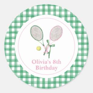 Pegatina Redonda Invitación de cumpleaños de tenis a cuadros preppy