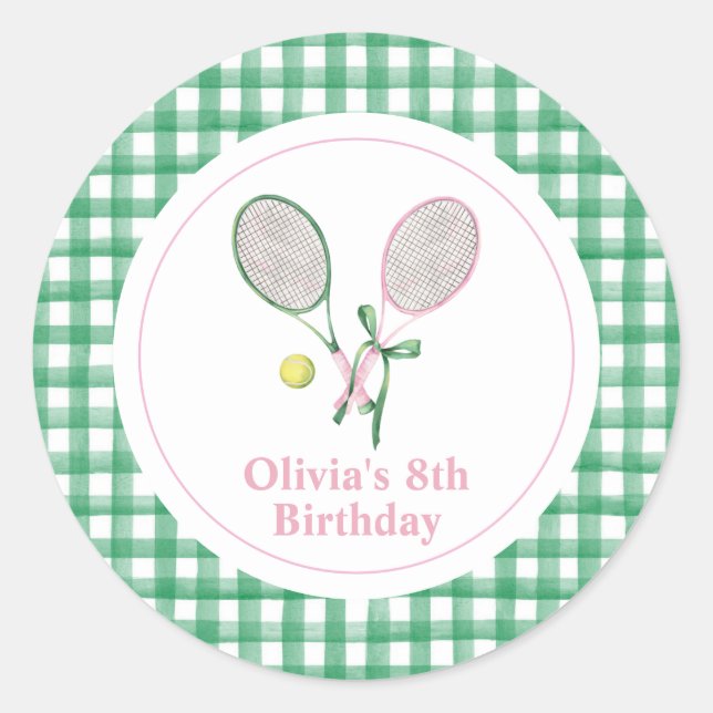 Pegatina Redonda Invitación de cumpleaños de Tennis preppy plapot (Anverso)