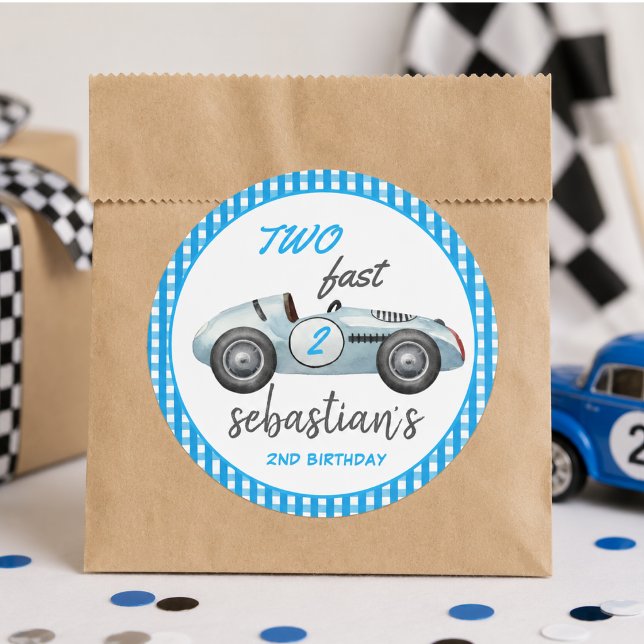 Pegatina Redonda Invitación de cumpleaños número 2 de Two Fast Blue (Two Fast Blue Race Car 2nd Birthday Invitation Classic Round Sticker)