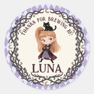 Pegatina Redonda Invitación de cumpleaños número uno de Chibi Witch