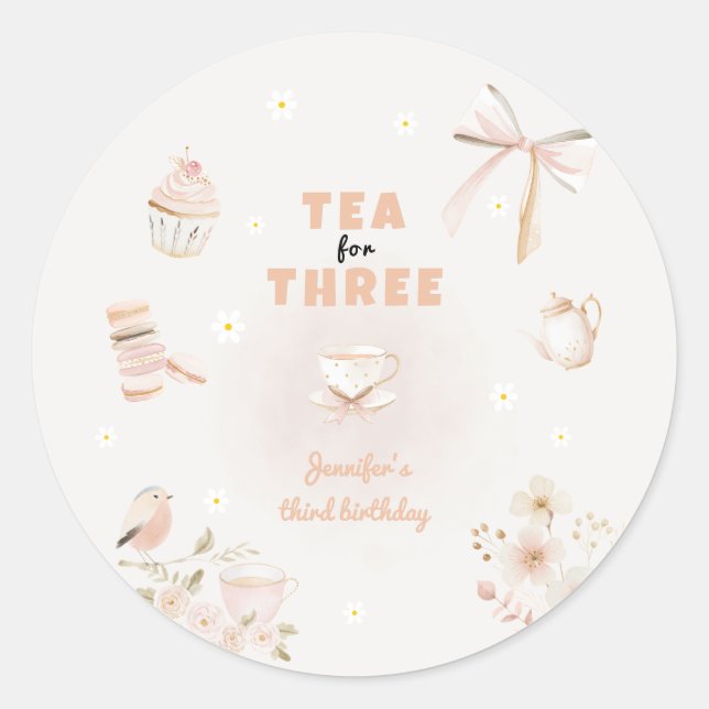 Pegatina Redonda Invitación de cumpleaños para niñas: Té para tres (Anverso)