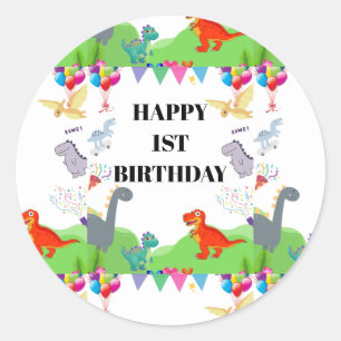 Pegatina Redonda Invitación de Cumpleaños para Niños de Dinosaurio