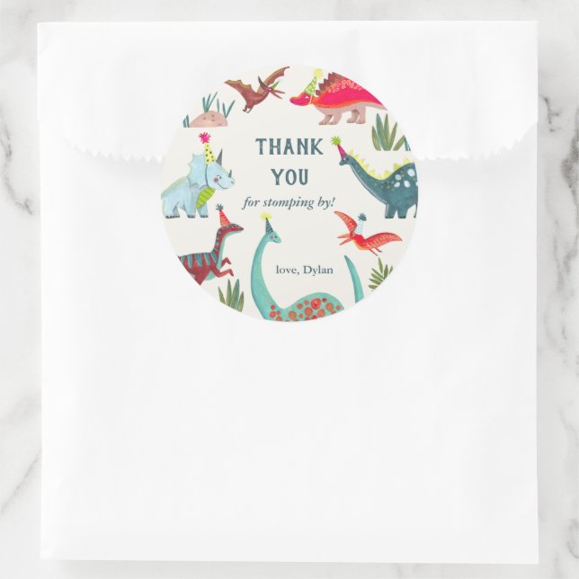 Pegatina Redonda Invitación de cumpleaños para niños dinosaurio (Bolso)
