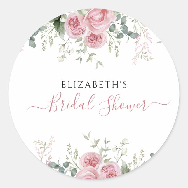 Pegatina Redonda Invitación de eucalipto elegante y rosas rosadas (Anverso)