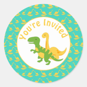 Pegatina Redonda Invitación de fiesta de niños de dinosaurios lindo