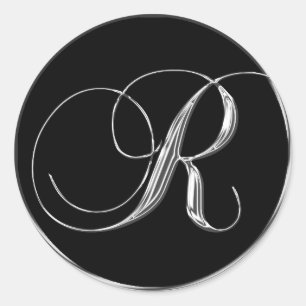 Pegatina Redonda Invitación de matrimonio formal negro plateado Mon
