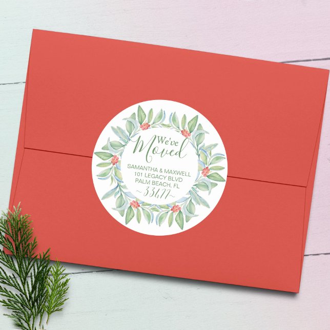 Pegatina Redonda Invitación de movimiento de energía verde navidade (Christmas return address labels watercolor green & red botanical art Victoria Grigaliunas VG Invites)