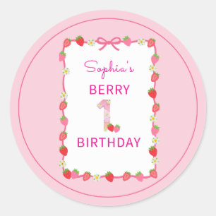 Pegatina Redonda Invitación de primer cumpleaños a la fresa dulce