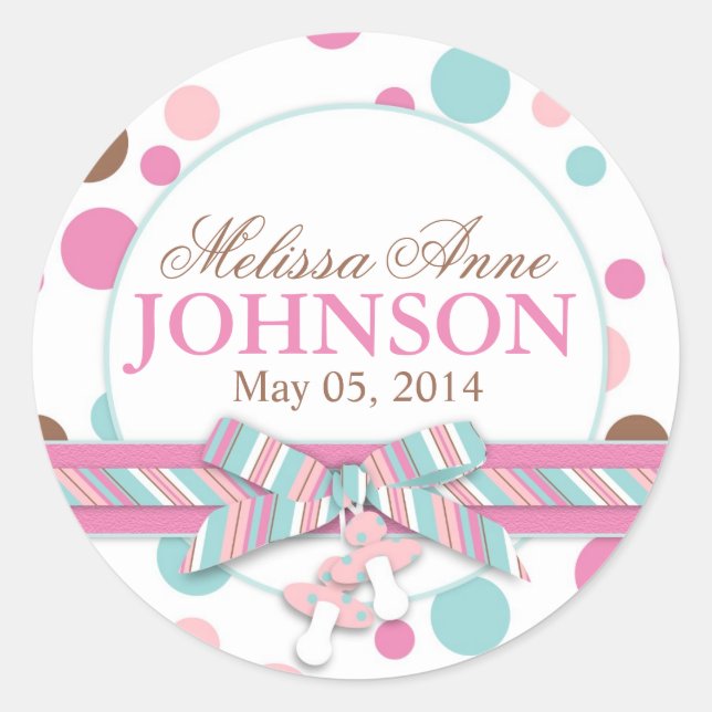 Pegatina Redonda Invitación de puntos rosados y acuáticos del polka (Anverso)