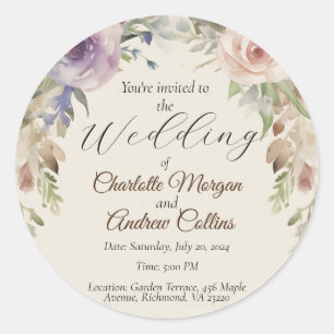Pegatina Redonda Invitación floral de bodas pintada